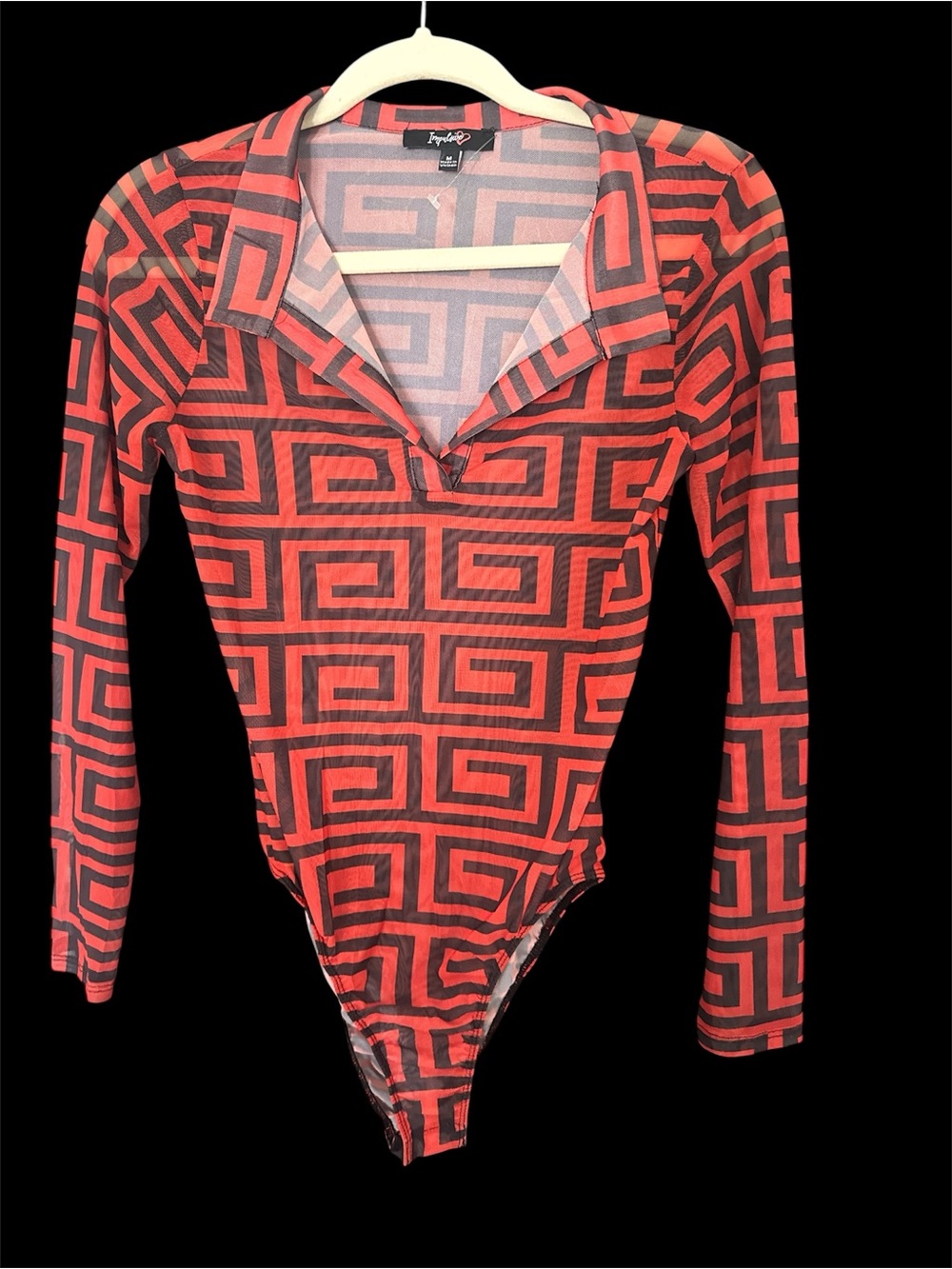 Geometric Long-Sleeve One-Piece Swimsuit - Coral/Black